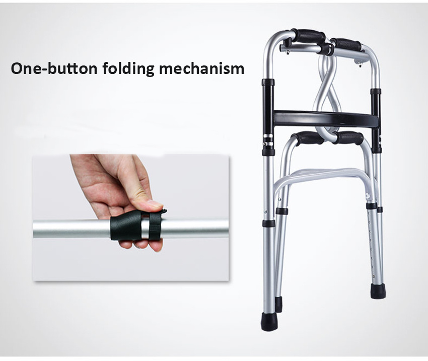 Aluminum Alloy Lightweight One-button Folding Standing Walker with Round Cross Brace for Adult