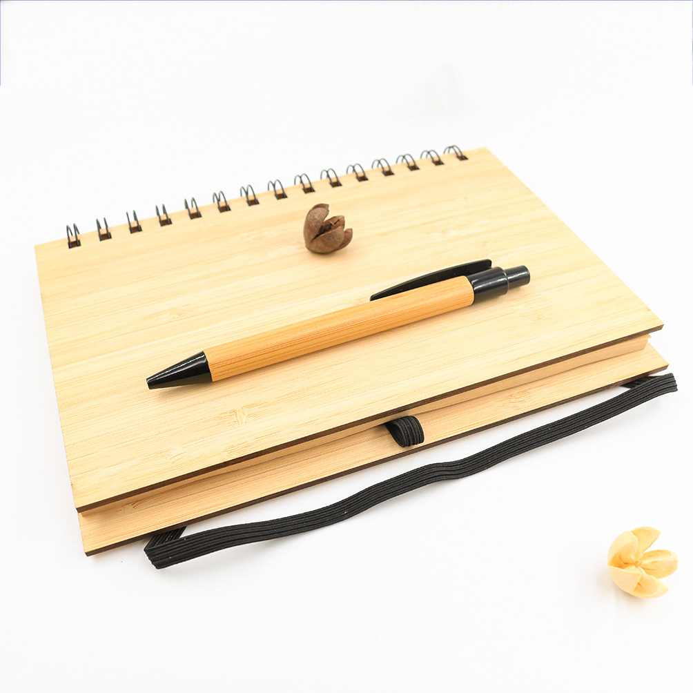 Wholesale Eco Friendly  Bamboo cover notebook A5 size with ball pen custom logo gift set