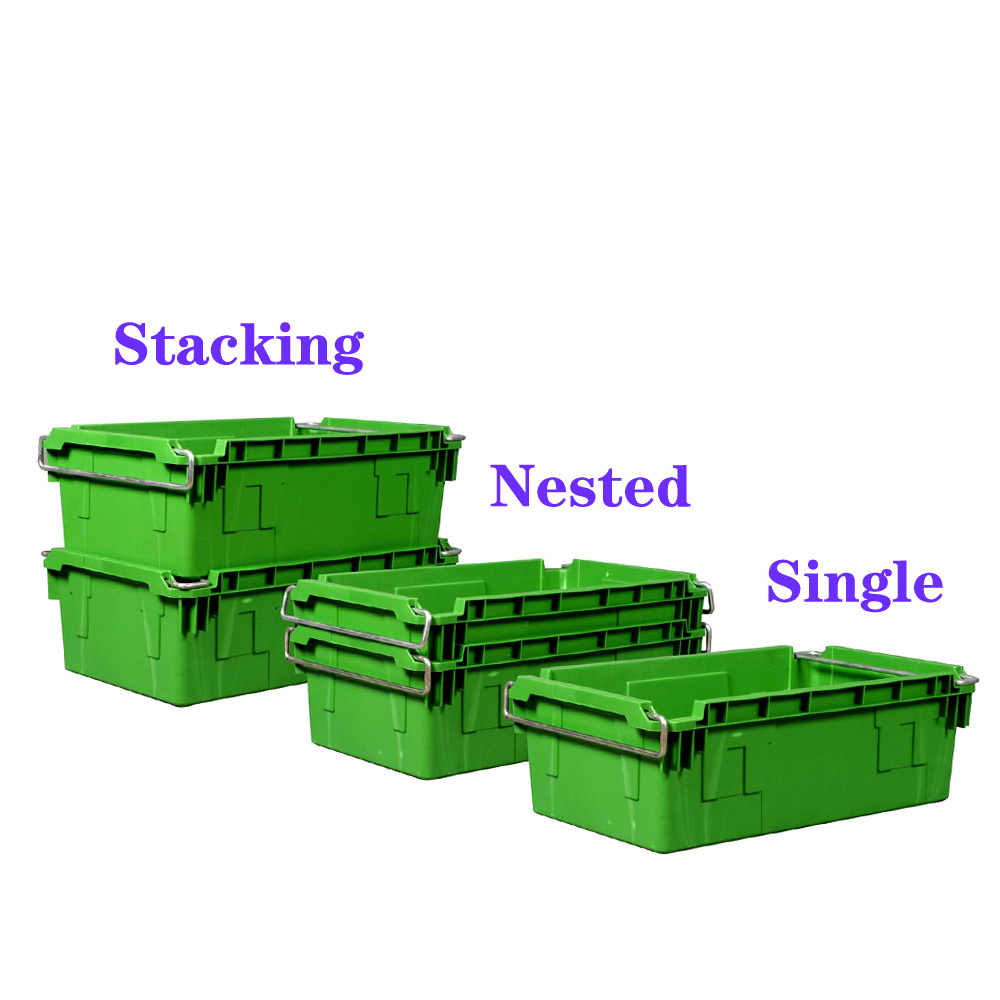 China wholesale price plastic stackable storage crate with metal handle crates plastic storage