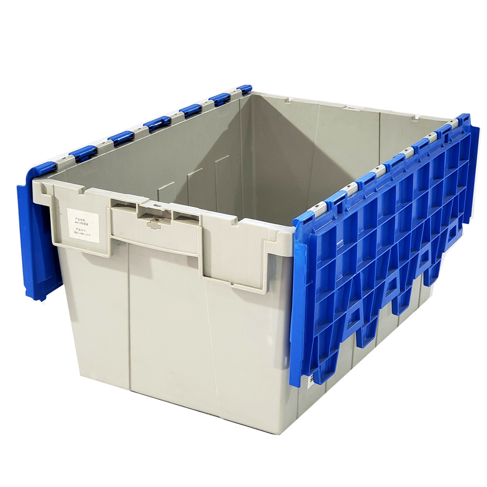 Heavy duty plastic nestable moving crates stackable storage attached lid tote plastic storage bins with lids