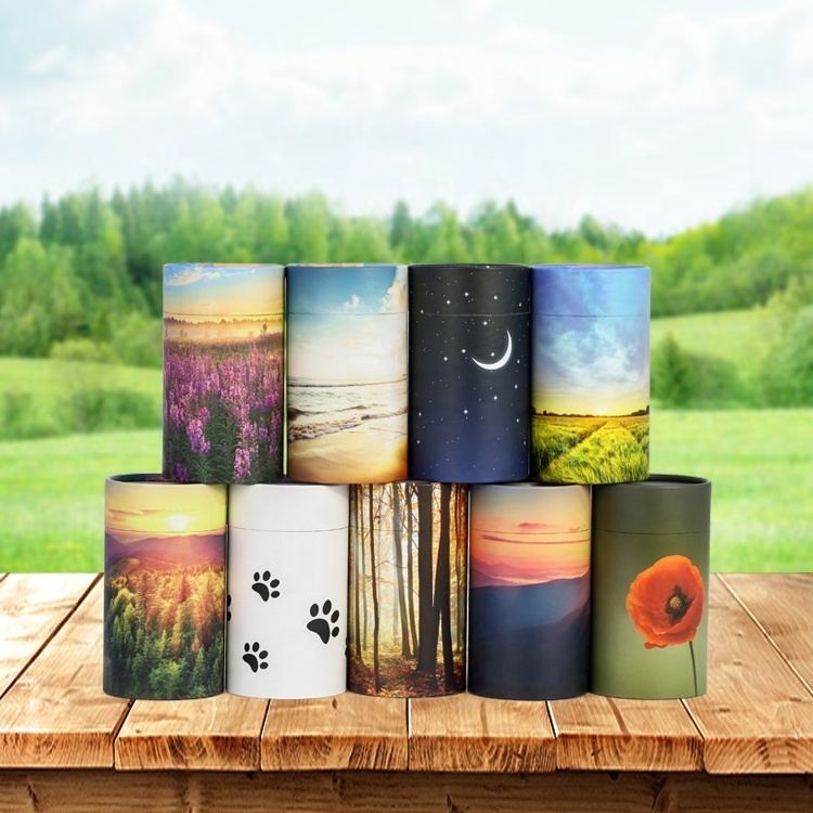 Eco friendly animal paw printed scatter paper tube keepsakes cremation pet urns for cat ashes