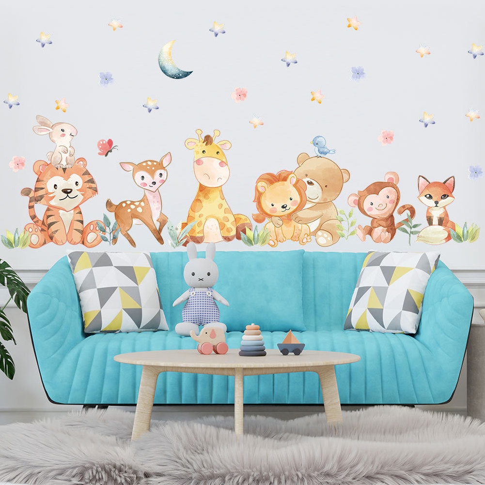 Cartoon Tiger Lion Deer Monkey Bear Removable Wallpaper Self adhesive Wall Sticker for Children's Room Kindergarten Environment