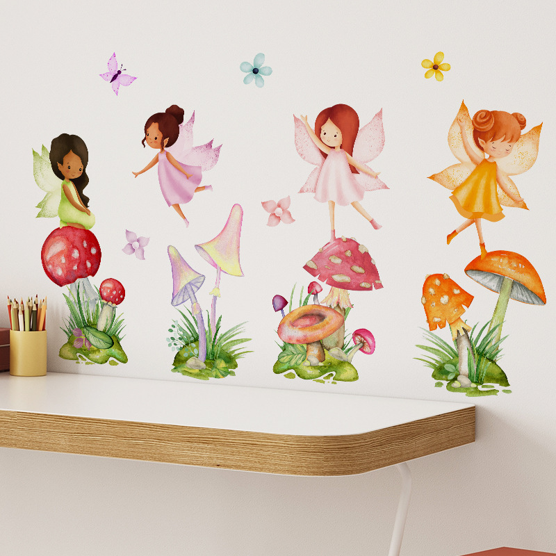 Cartoon flower fairy fairy creative mushroom princess room background wall decoration beautify wall stickers self-adhesive