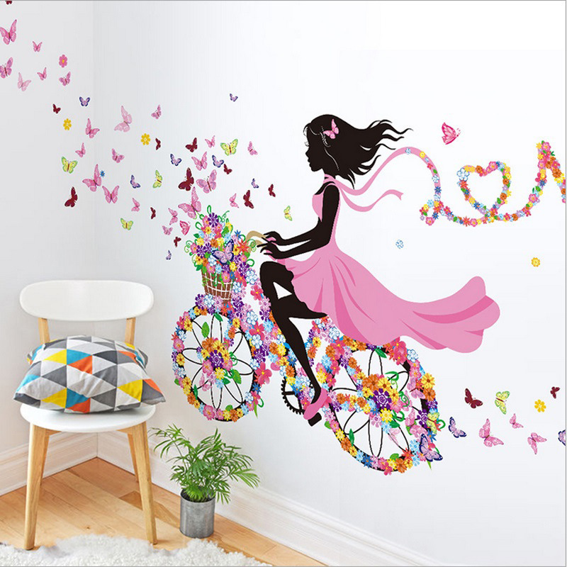 Cartoon Butterfly Fairy Floral Girl with Umbrella Wall Stickers for Girl Bedroom Children Room Wall Decals Colorful Flowers PVC