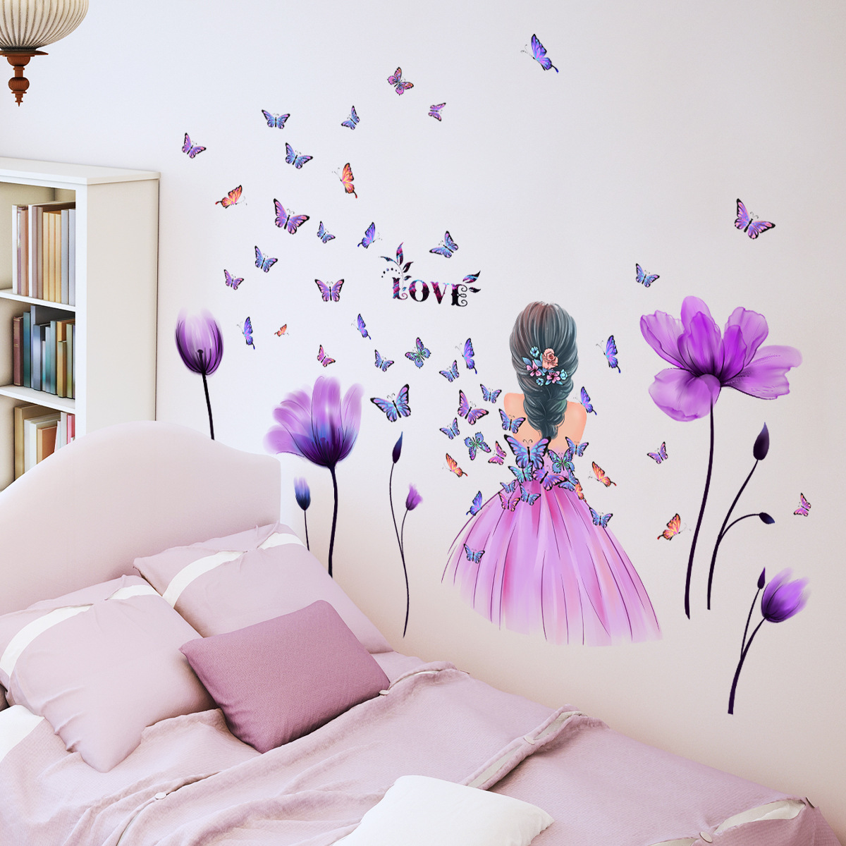 4pcs Butterfly Figure Graphic Wall Sticker, Self Adhesive Wall Art Decal For Home Decor Tulip Little Girl Butterfly Wall Decal