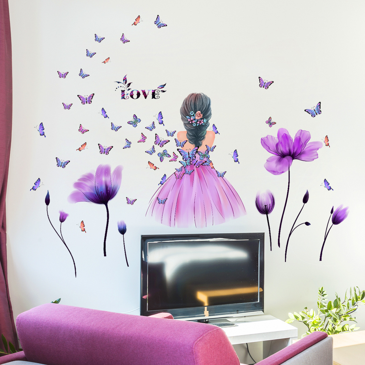 4pcs Butterfly Figure Graphic Wall Sticker, Self Adhesive Wall Art Decal For Home Decor Tulip Little Girl Butterfly Wall Decal