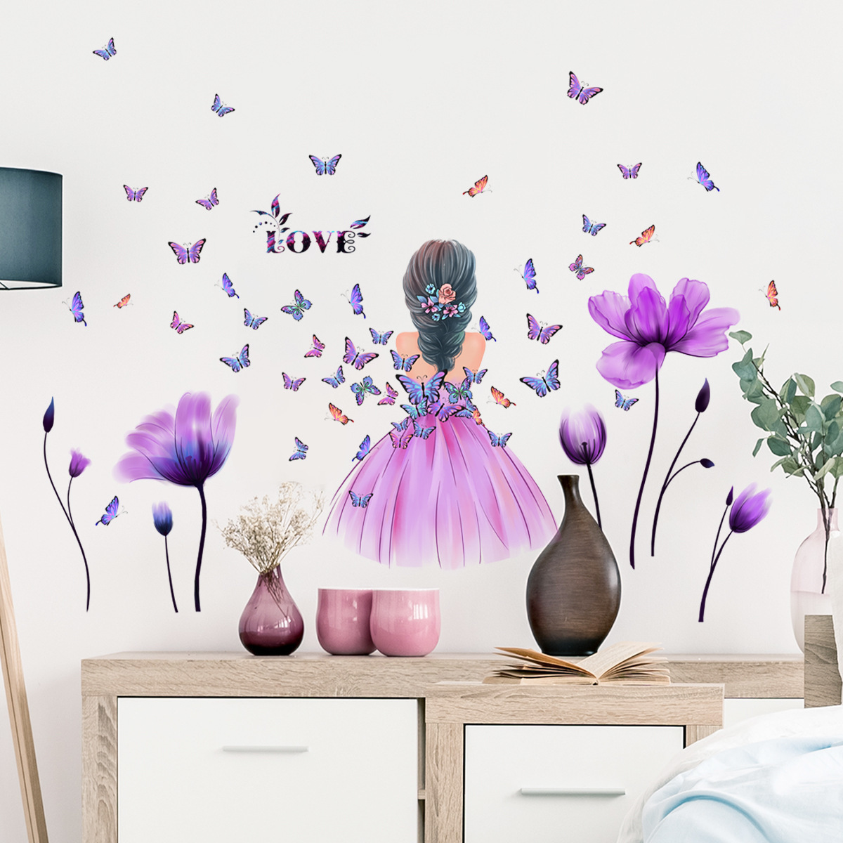 4pcs Butterfly Figure Graphic Wall Sticker, Self Adhesive Wall Art Decal For Home Decor Tulip Little Girl Butterfly Wall Decal