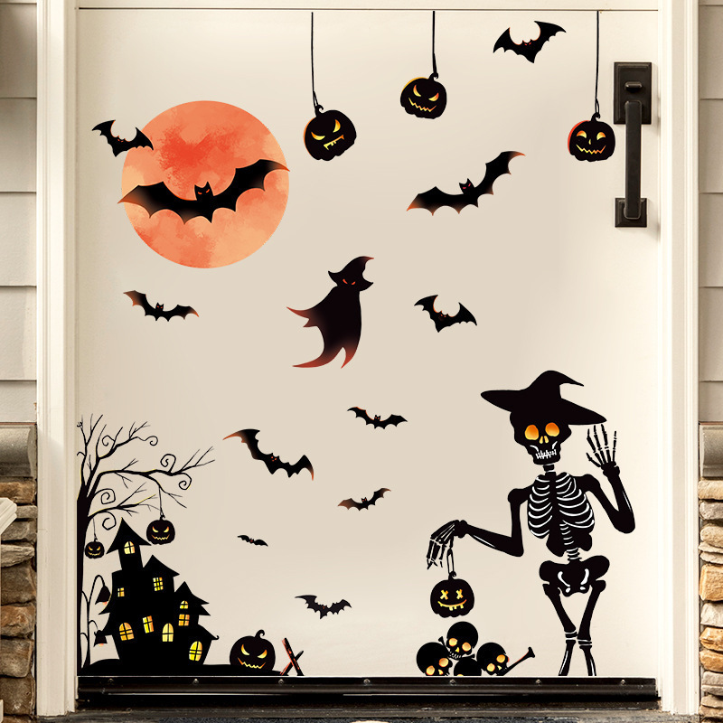 Halloween Red moon bat castle pumpkin ghost skeleton people living room home window glass decoration