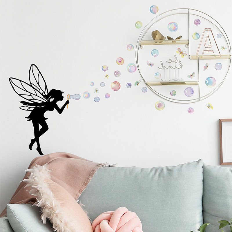 Cartoon flower fairy silhouettes blowing bubbles Dragonfly Princess room background wall decoration home wall stickers