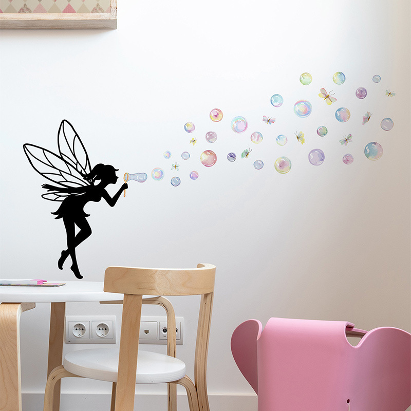 Cartoon flower fairy silhouettes blowing bubbles Dragonfly Princess room background wall decoration home wall stickers