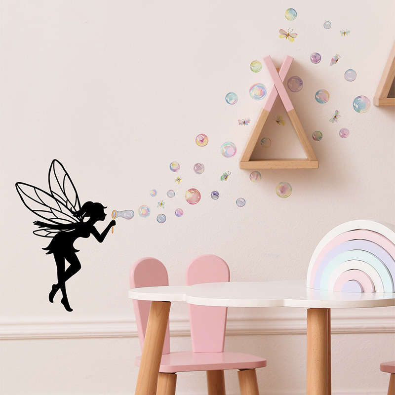 Cartoon flower fairy silhouettes blowing bubbles Dragonfly Princess room background wall decoration home wall stickers