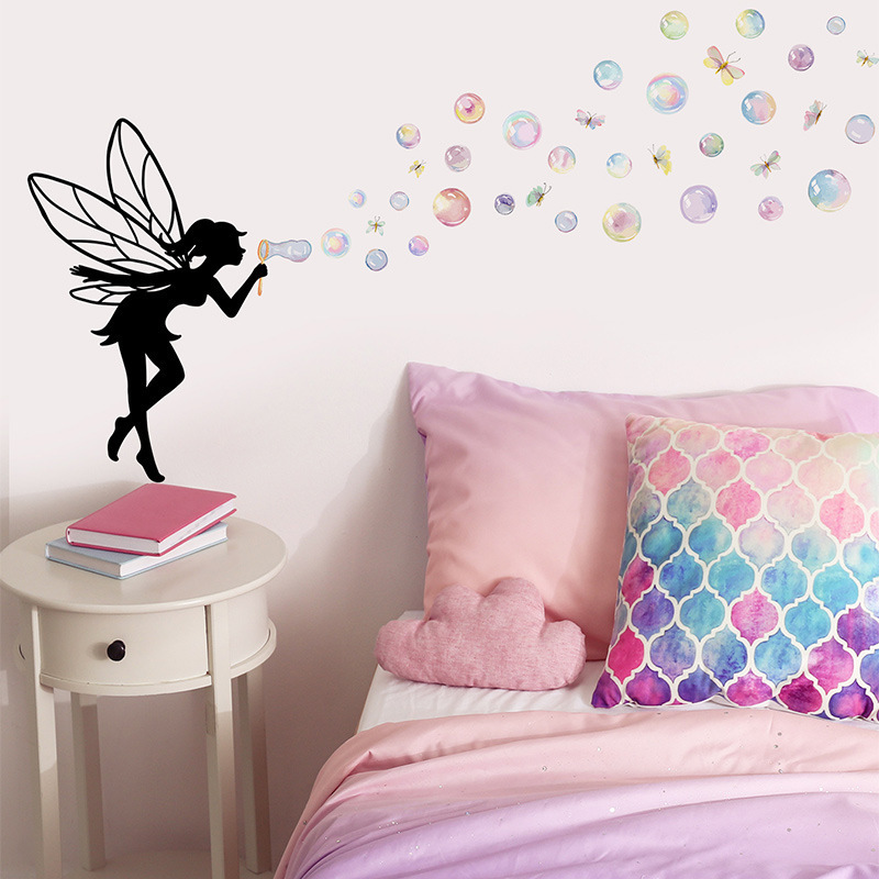 Cartoon flower fairy silhouettes blowing bubbles Dragonfly Princess room background wall decoration home wall stickers