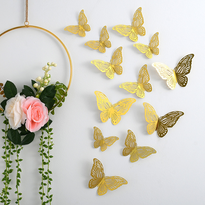 AliExpress Wholesale Hot selling 3D metal texture creative hollow butterfly wall sticker gold silver rose