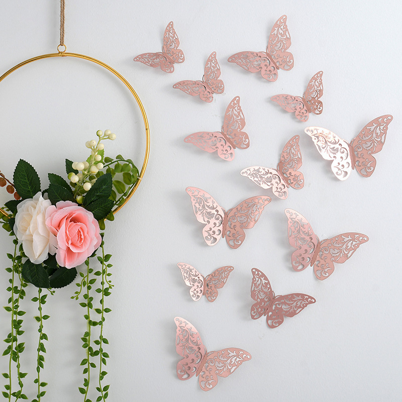 AliExpress Wholesale Hot selling 3D metal texture creative hollow butterfly wall sticker gold silver rose