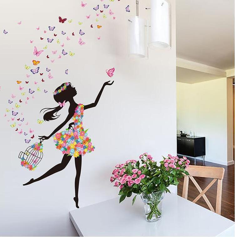 Hot selling Flower Fairy Girl Butterfly PVC Decorative Wall Stickers For Living Room Bedroom  Background Wall decal