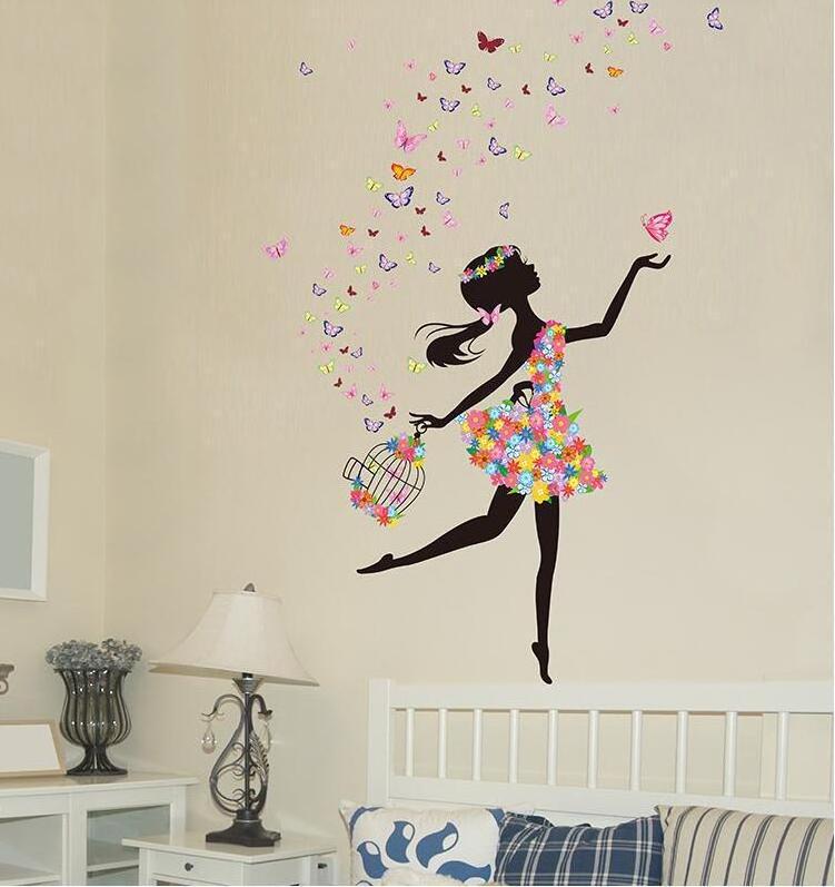 Hot selling Flower Fairy Girl Butterfly PVC Decorative Wall Stickers For Living Room Bedroom  Background Wall decal