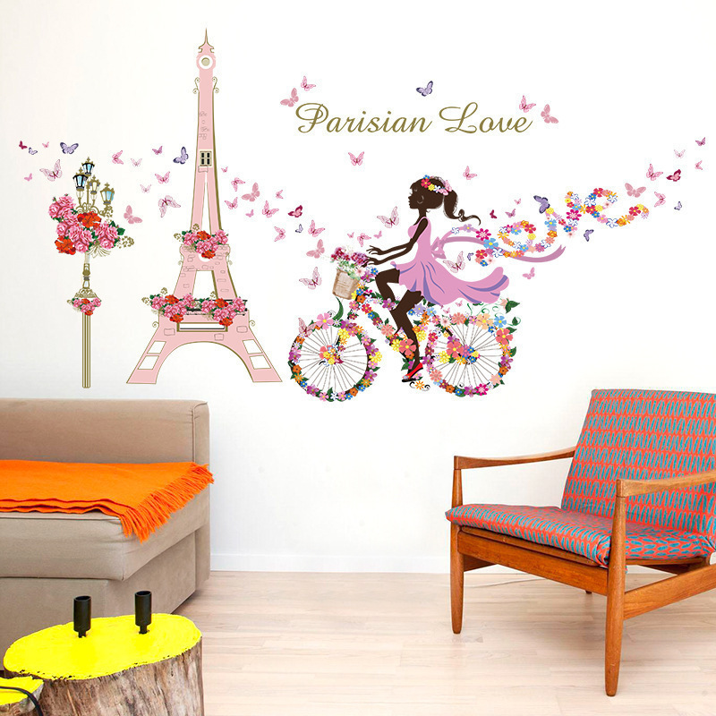 Eiffel Tower Pink Bicycle flower Fairy pretty girl Warm Living Room Bedroom  Wall Glass Decorative Stickers