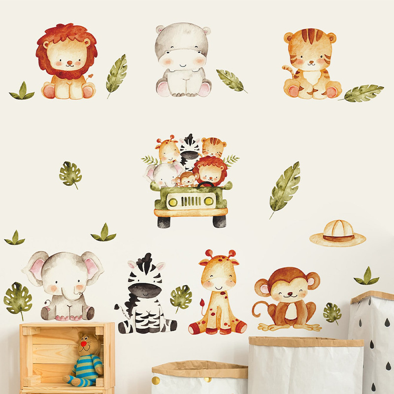 Cartoon forest animal combination driving children's room kindergarten background landscaping decorative wall stickers