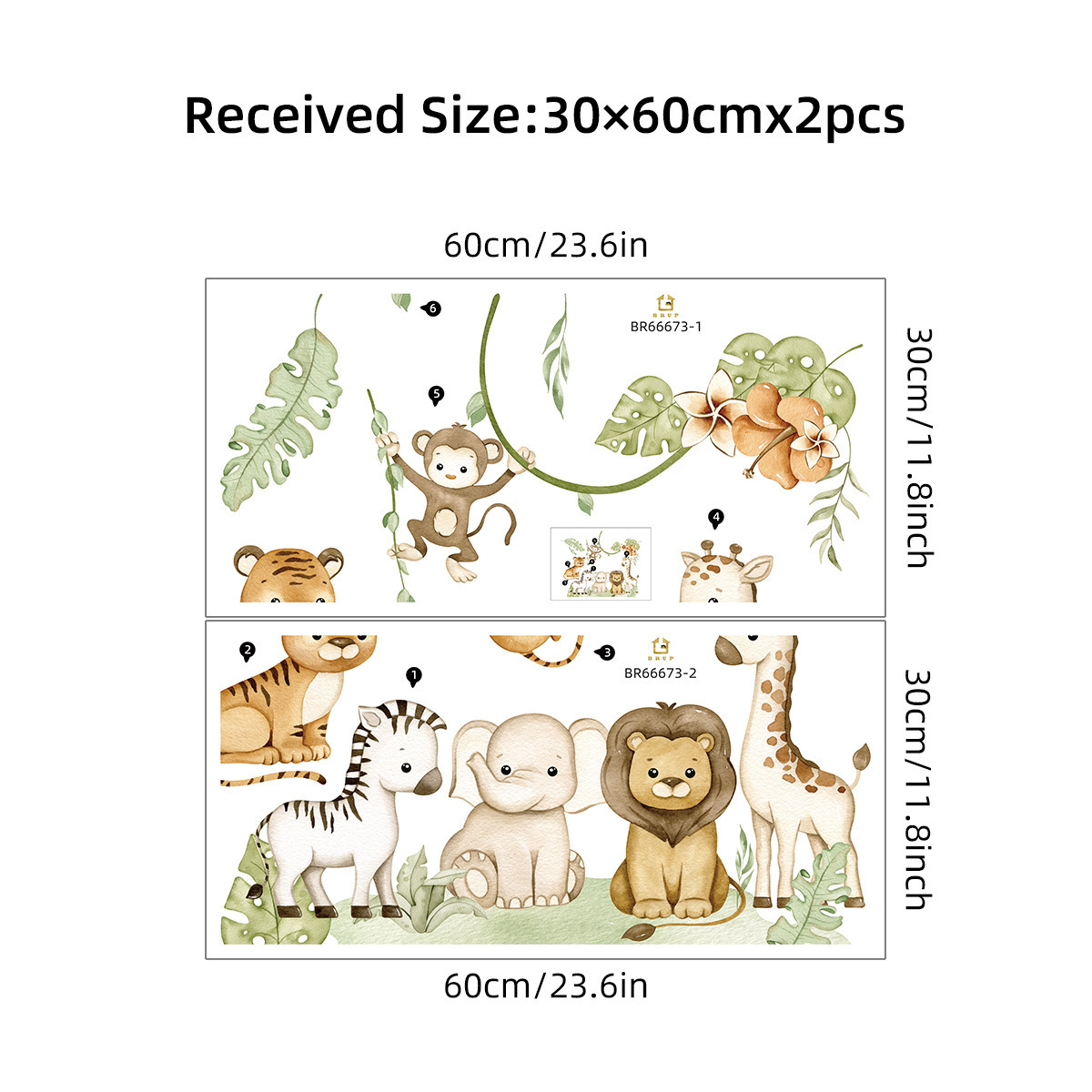 Hot selling 2 pcs cartoon cute elephant lion monkey wall stickers for bedroom living room kindergarten decoration