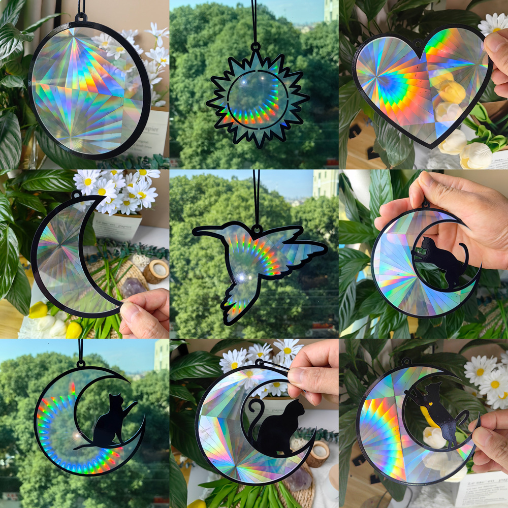 Acrylic Sun Catcher Pendant Cat Bird Heart Moon Sun Suncatcher PVC Film Hanging Decoration Rainbow Prism Maker Garden Home Decal