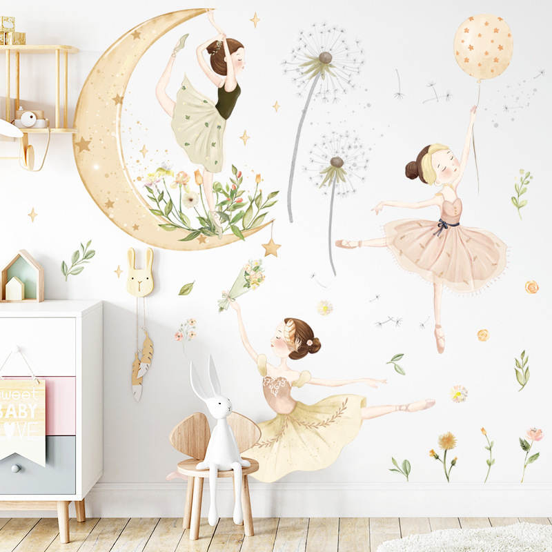 Watercolor Moon Star Princess Self-adhesive Dance Studio Children's Room Bedroom dandelion background  wall stickers