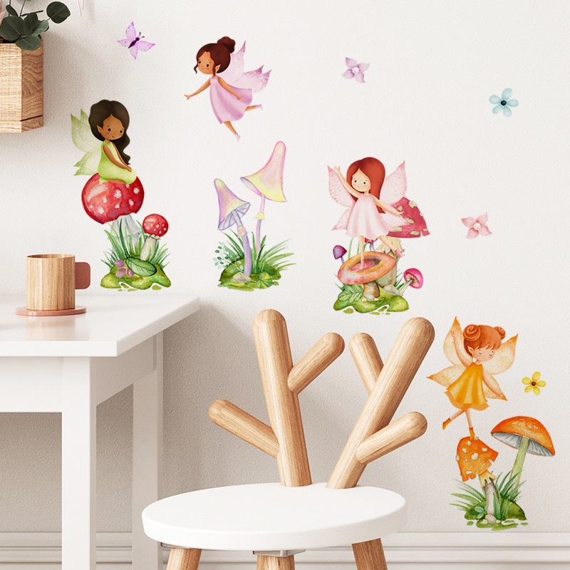 Cartoon flower fairy fairy creative mushroom princess room background wall decoration beautify wall stickers self-adhesive