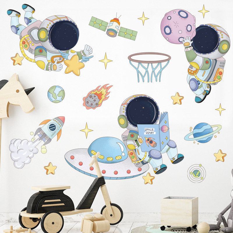 Space Astronaut Wall Stickers for Kids Room Kindergarten Wall Decoration Removable Vinyl PVC Cartoon Wall Decals Home Decor