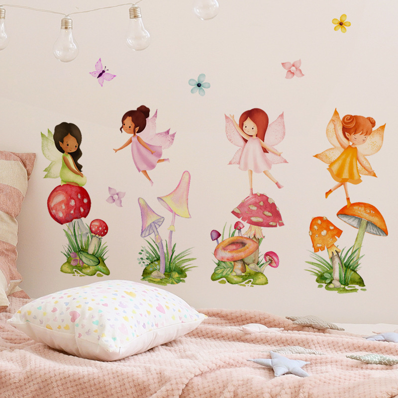 Cartoon flower fairy fairy creative mushroom princess room background wall decoration beautify wall stickers self-adhesive