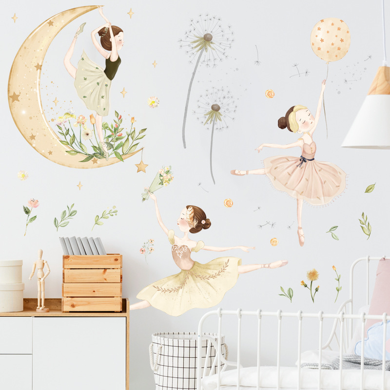 Watercolor Moon Star Princess Self-adhesive Dance Studio Children's Room Bedroom dandelion background  wall stickers