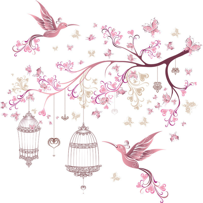 Fresh lovers bird branches bird cage living room bedroom porch Valentine's Day home decoration wall stickers