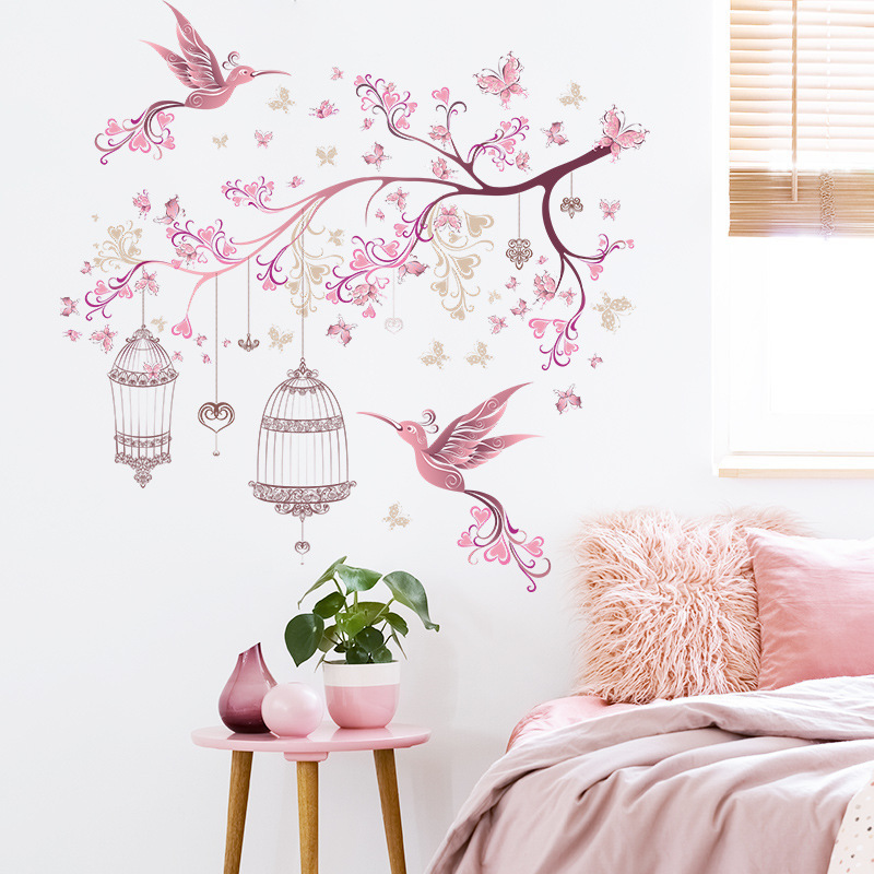 Fresh lovers bird branches bird cage living room bedroom porch Valentine's Day home decoration wall stickers