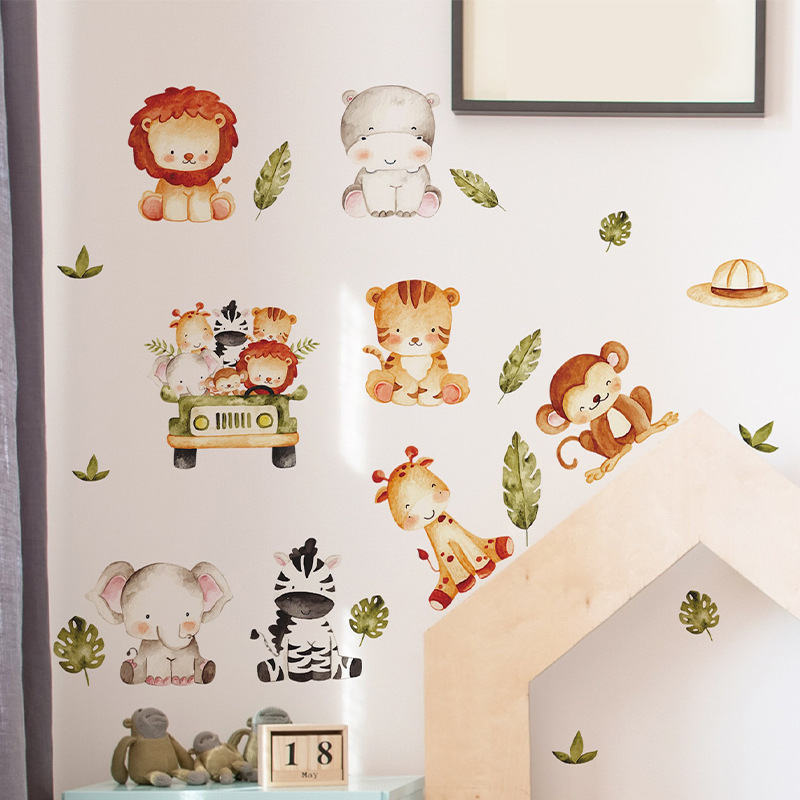 Cartoon forest animal combination driving children's room kindergarten background landscaping decorative wall stickers