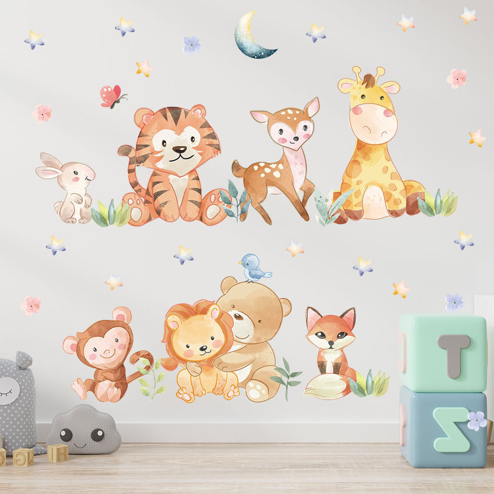 Cartoon Tiger Lion Deer Monkey Bear Removable Wallpaper Self adhesive Wall Sticker for Children's Room Kindergarten Environment