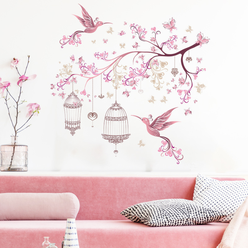 Fresh lovers bird branches bird cage living room bedroom porch Valentine's Day home decoration wall stickers