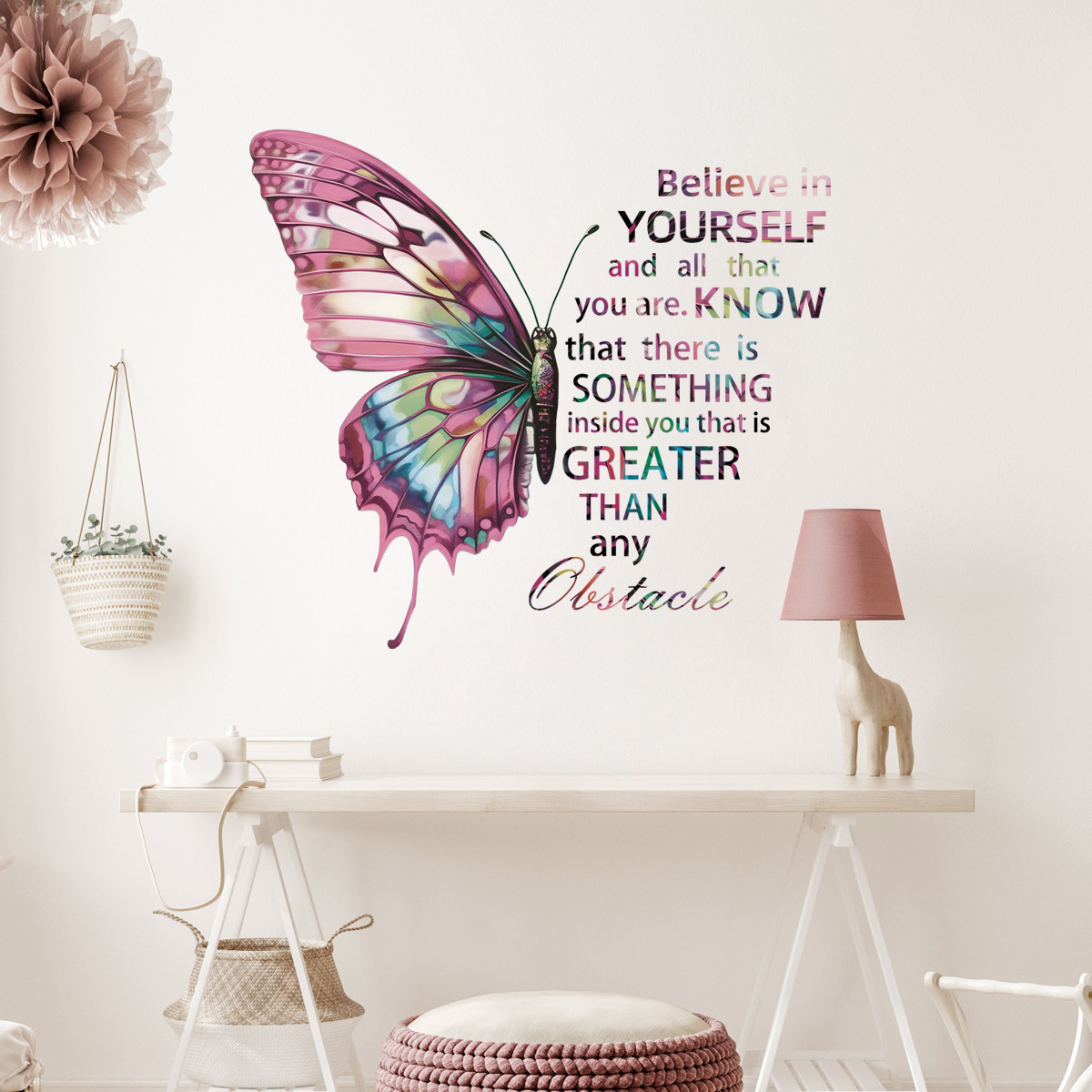 Hot selling colorful and beautiful butterfly inspirational English wall stickers for children and girls room decoration