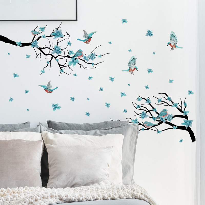 DIY Removable waterproof  Tree branches flowers birds TV background wall beautify bedroom home improvement wall stickers