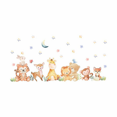 Cartoon Tiger Lion Deer Monkey Bear Removable Wallpaper Self adhesive Wall Sticker for Children's Room Kindergarten Environment