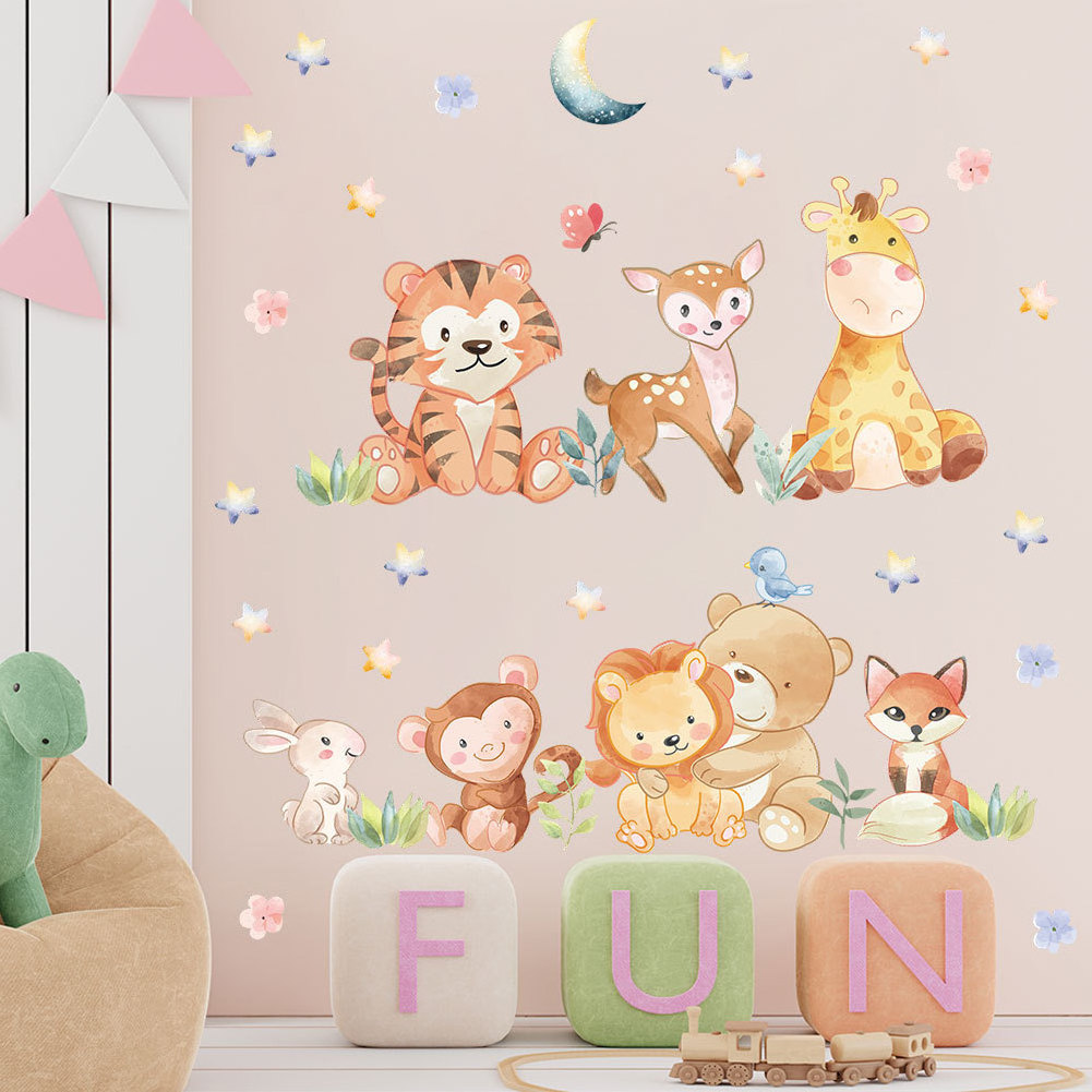 Cartoon Tiger Lion Deer Monkey Bear Removable Wallpaper Self adhesive Wall Sticker for Children's Room Kindergarten Environment