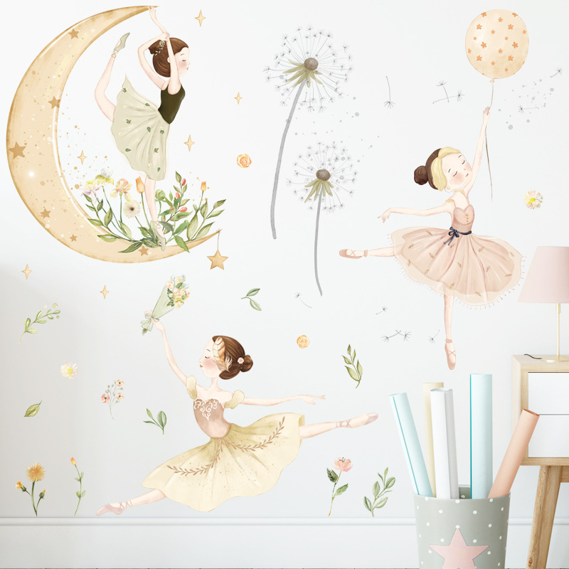 Watercolor Moon Star Princess Self-adhesive Dance Studio Children's Room Bedroom dandelion background  wall stickers