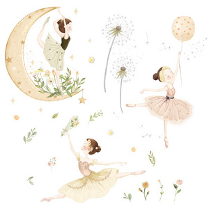 Watercolor Moon Star Princess Self-adhesive Dance Studio Children's Room Bedroom dandelion background  wall stickers