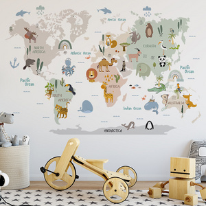 Cartoon early childhood education world animal map PVC wall stickers for kindergarten classroom wall decal self-adhesive