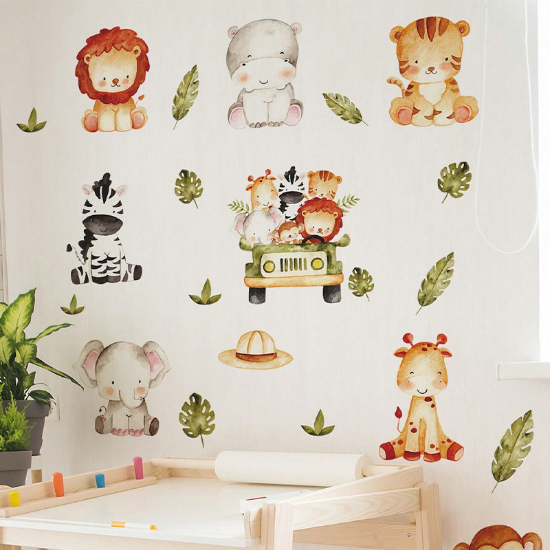 Cartoon forest animal combination driving children's room kindergarten background landscaping decorative wall stickers