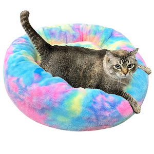 Super Beautiful Rainbow Tie Dye Soft Fluffy Warm And Cozy Anti Anxiety Cuddler Joint Relief Washable Donut Calming Round Dog Bed