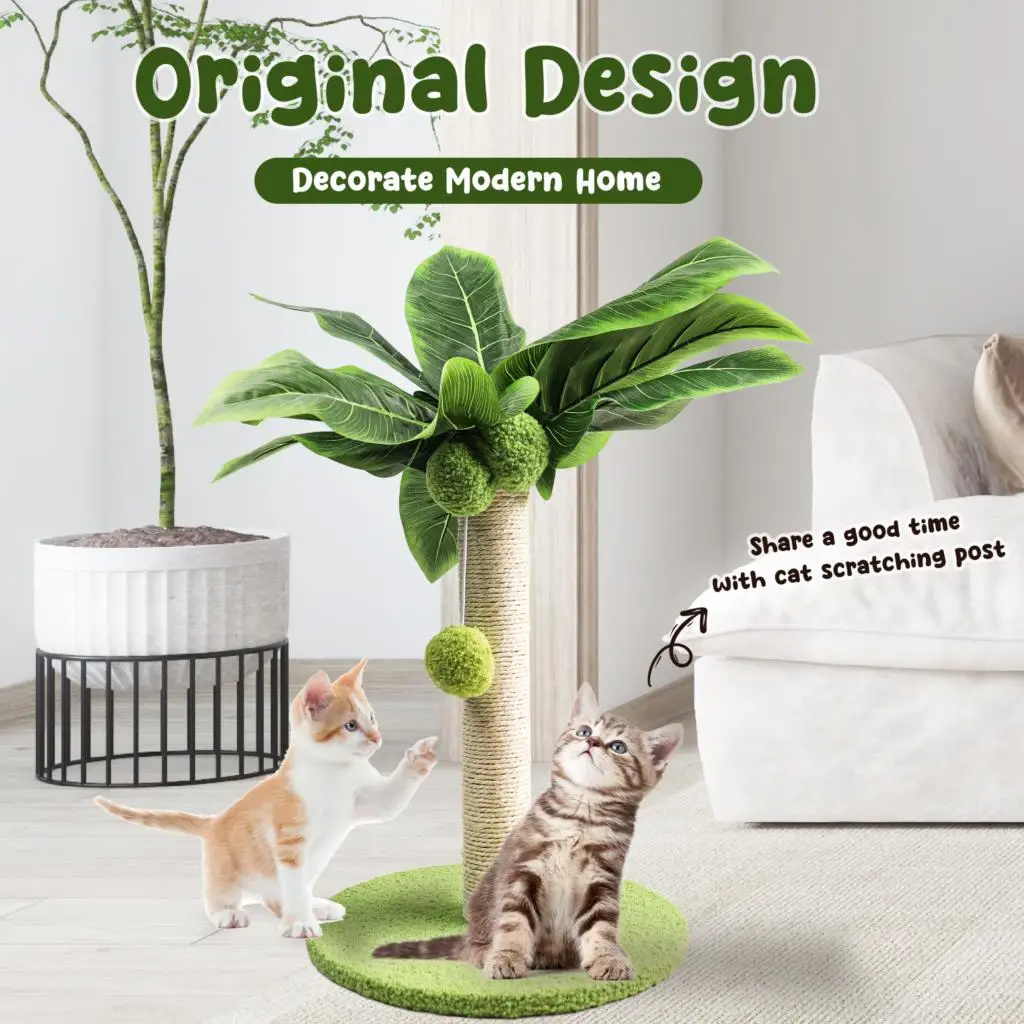 Wholesale INS Hot Green Palm Sisal Wooden Cat Trees Scratching Board Poles With Toy Hanging Ball Sisal Rope Cat Tree For Indoor