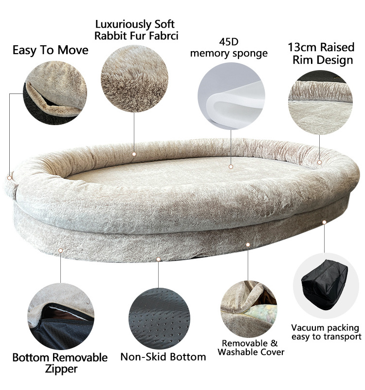 OEM Hot Sale Rabbit Fur Warm Memory Foam Giant Dog Bed Human Size Dog Bed For Human Large Dogs Extra Luxury Double Zipper Design