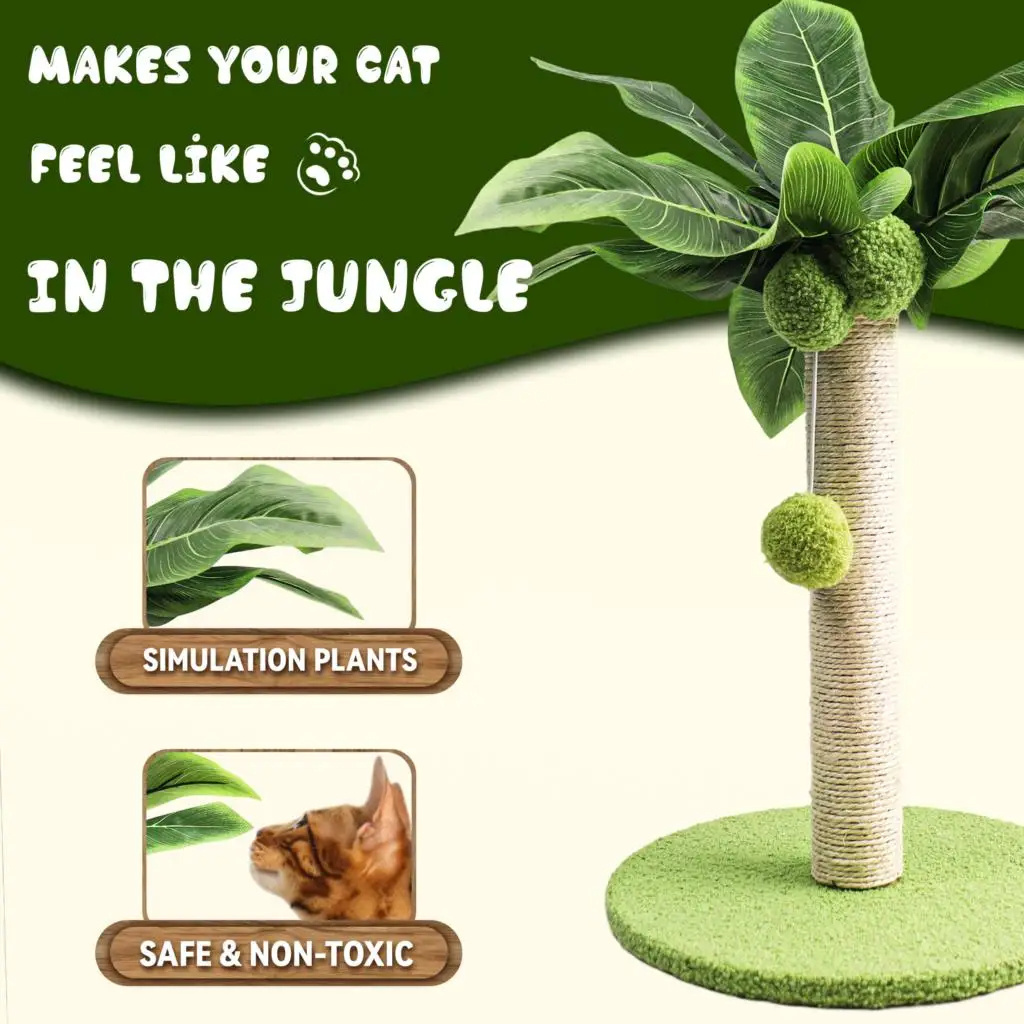 Wholesale INS Hot Green Palm Sisal Wooden Cat Trees Scratching Board Poles With Toy Hanging Ball Sisal Rope Cat Tree For Indoor