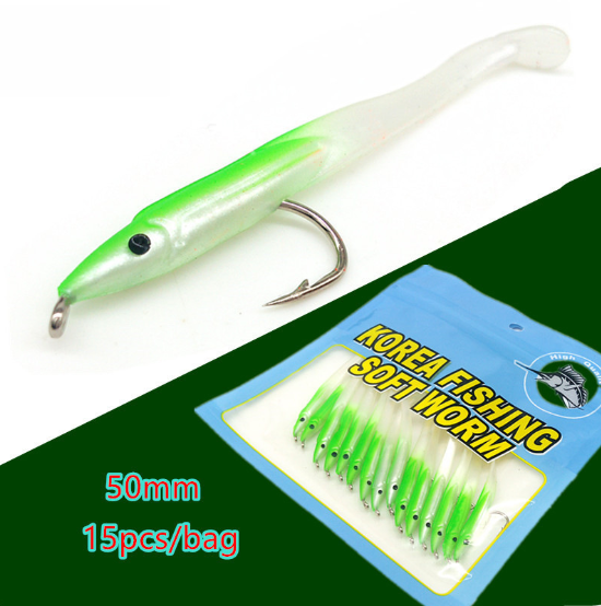 wholesale 15pcs/bag sea soft fishing lures  baits with hook 5cm 0.6g T-tail soft baits soft worm baits