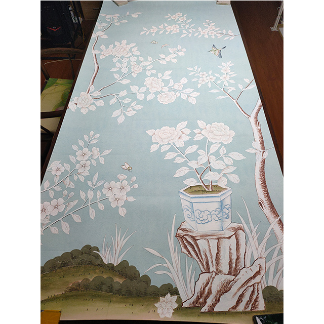 Floral Chinoiserie hand painted wallpaper on Blue tea paper