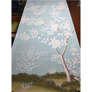 Floral Chinoiserie hand painted wallpaper on Blue tea paper