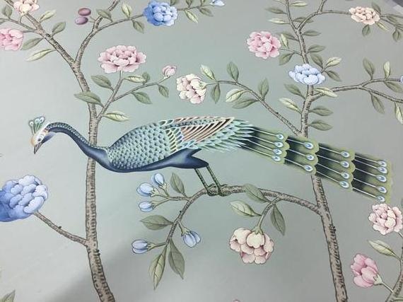 Hand Painted Chinoiserie Wallpaper on green silk for dining room